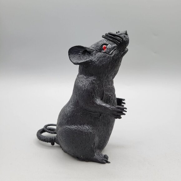 Black Plastic Rat Red Eyes Halloween Decor Standing Long Creepy Tail Squeaker - Picture 1 of 5
